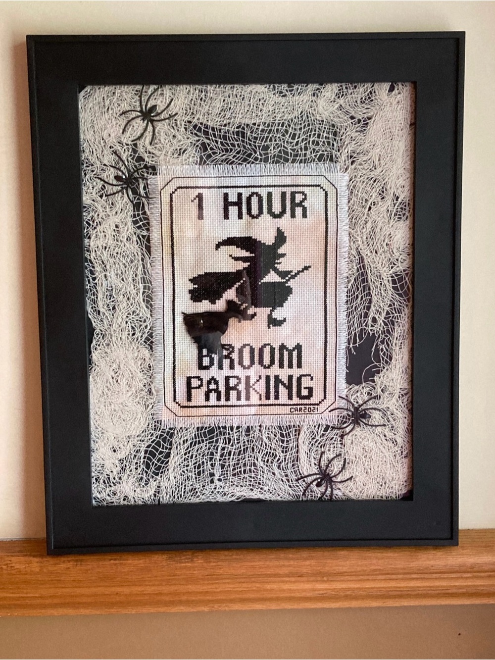 Framed Halloween Cross Stitch Wall Decor 1-Hour Broom Parking Witchy Gothic Art